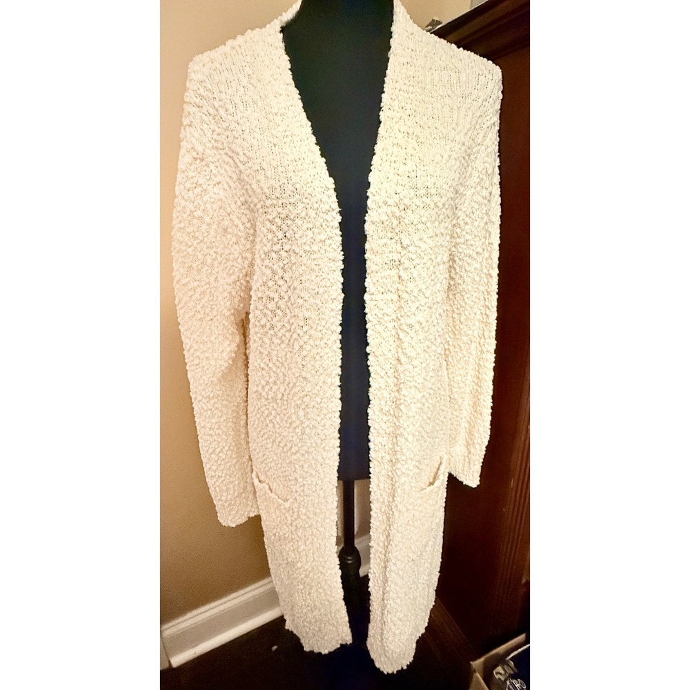 Modern Canvas Cardigan Womens XL Cream Excellent Popcorn Knit Long Open Front
